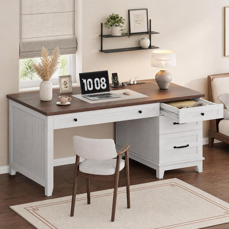 Executive Desk with Drawers, Farmhouse Home Office Desk with Charging Station, 53.54" Wooden Computer Desk with File Cabinet Storage for Work Study Writing
