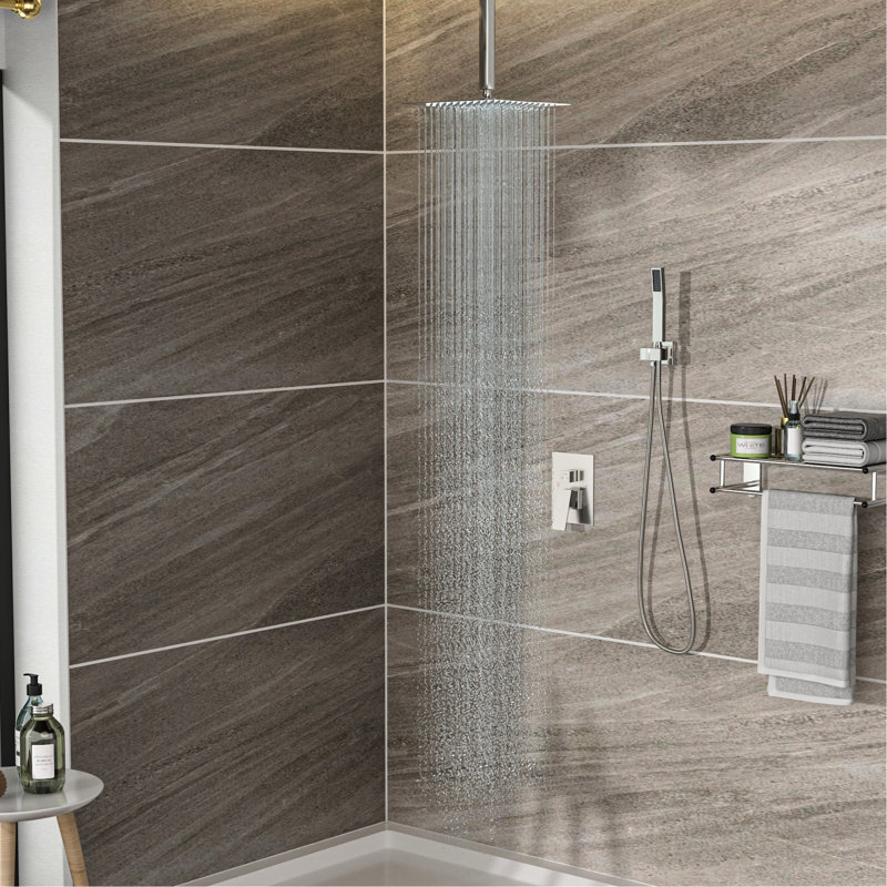 Système de pomme de douche en nickel brossé - fixation au plafond double de 12 po avec pluie et douchette, fonction de douche protégée dans un bras pivotant carré