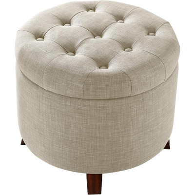 Repose-pieds beige avec rangement et repose-pieds rond, siège rembourré en lin capitonné avec rangement caché, pieds en bois robustes pour le salon et la chambre à coucher