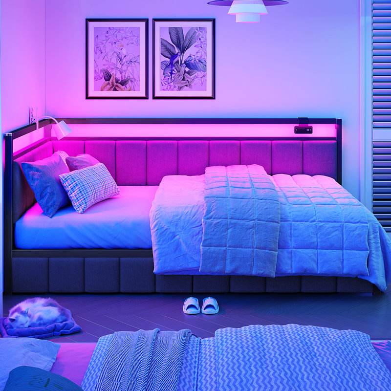 Corner Bed Frame With Led Light And Charging Station, Line Fabric Upholstered Bed With 2 Underbed Storage Drawers, Modern Daybed No Box Spring Needed/noise-free, Gray
