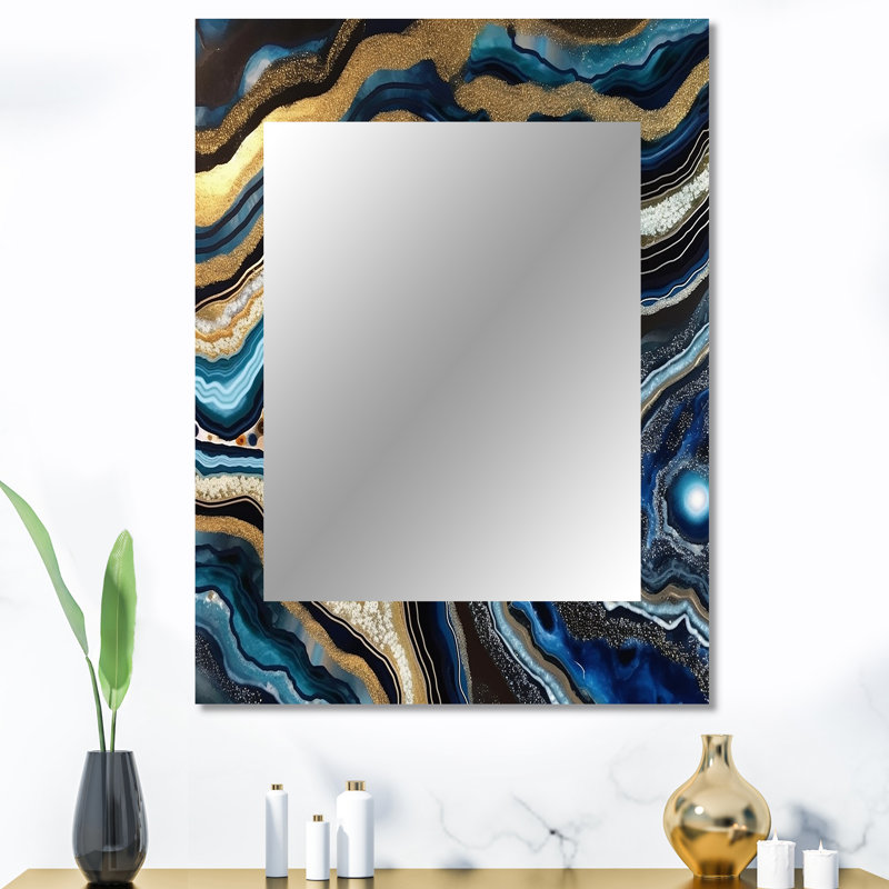 Géode dorée bleue - pierres précieuses, grand miroir mural décoratif traditionnel, art imprimé en métal, 40 po x 30 po