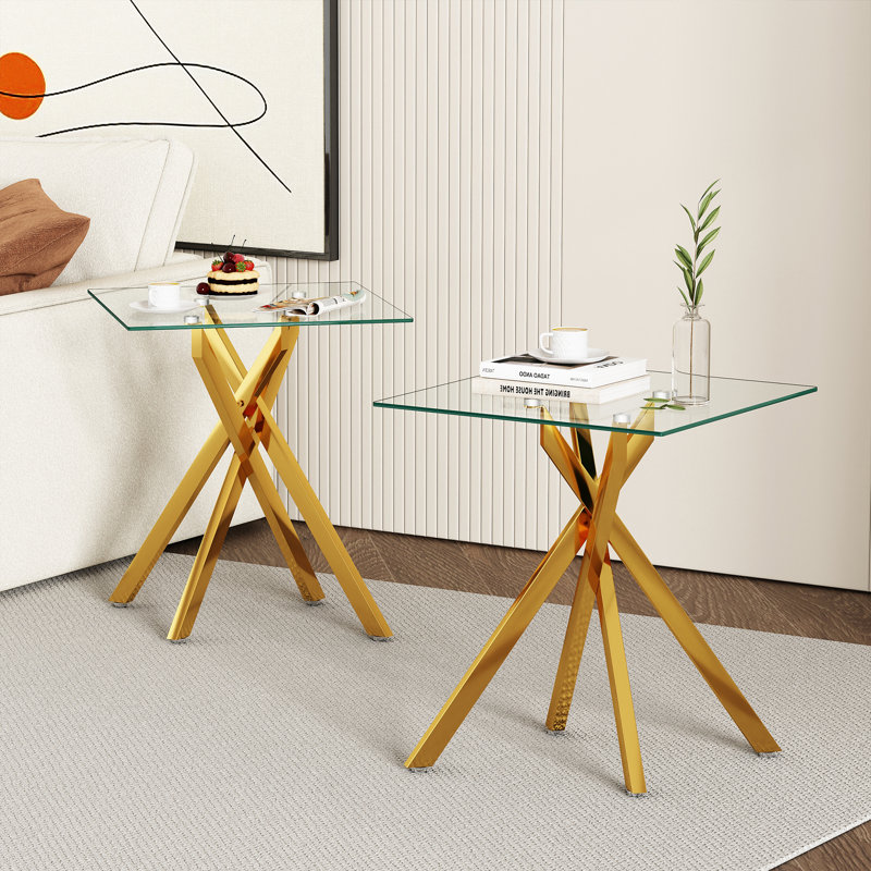 17.72" Square Clear Tempered Glass End Table,Stylish Design with Plated Metal Legs, Side Table for Living Room, 2 pcs, Gold