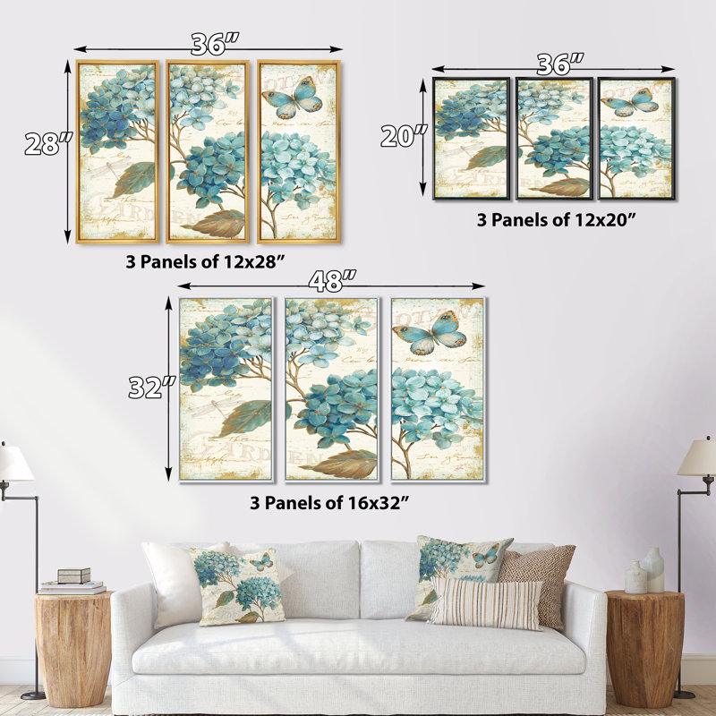 «Butterfly Blue Garden I», ensemble d'art mural sur toile encadré traditionnel, H 32 po x l 48 po x P 1 po, Cadre doré