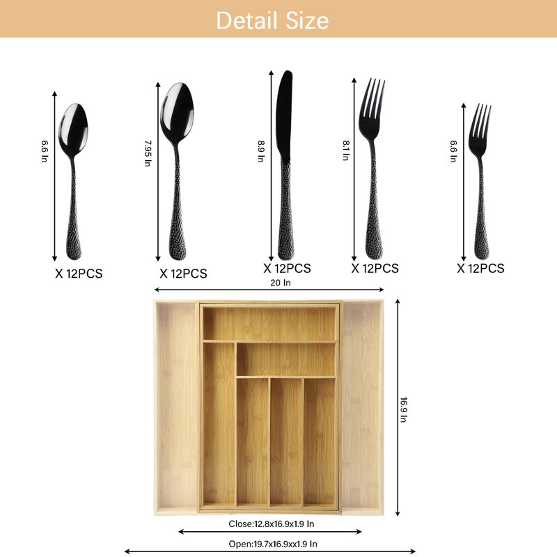 Boîte de rangement 40 pièces pour couverts couverts en bambou noir forgé 40 pièces, service pour 8