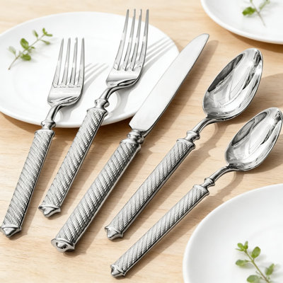 Ensemble de couverts 20 pièces à motif de corde rétro, poignées texturées à la main, acier inoxydable 18/10, va au lave-vaisselle, couverts durables pour les repas de tous les jours et les occasions spéciales