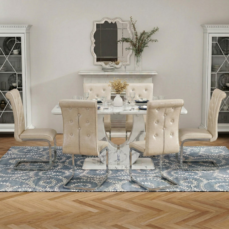 Ensemble de salle à manger 63 "Modern Glam, 7 pièces : table, 6 chaises, Crème/gris
