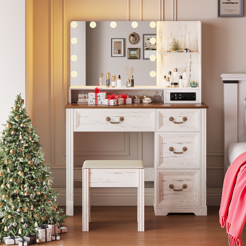 Bureau de coiffeuse avec miroir, ampoules, tiroirs, tablettes et tabouret - Table de maquillage pour chambre à coucher