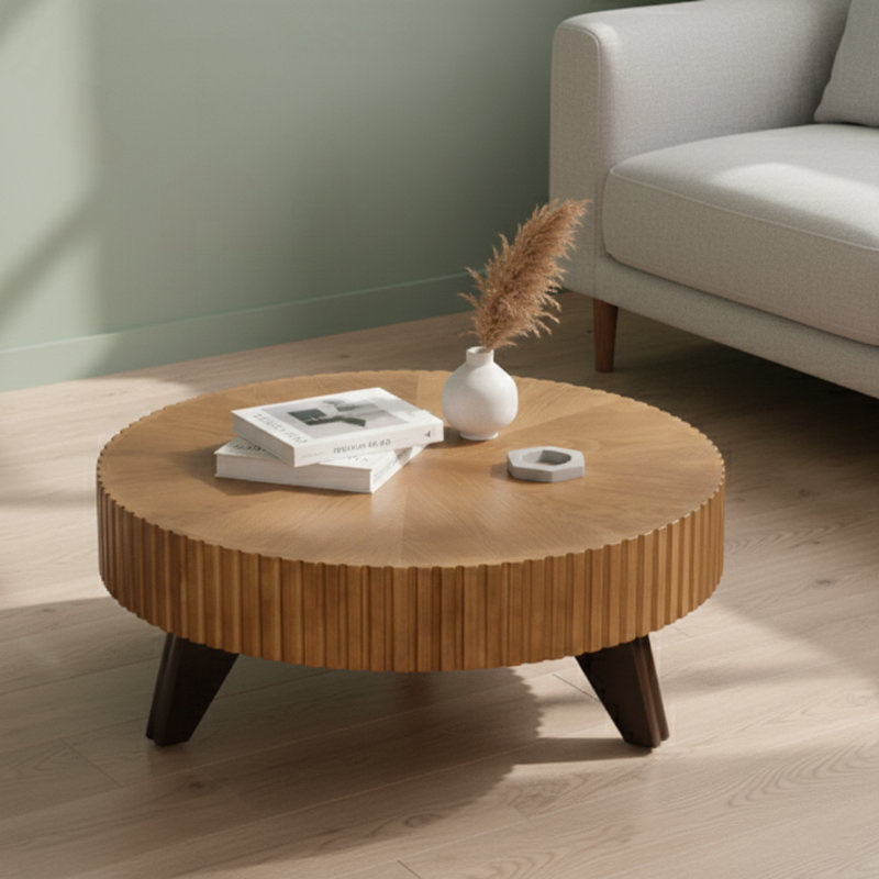 Table basse ronde de 35,4 pouces, durable et élégante pour un décor moderne et traditionnel, Natural Top/Brown Base