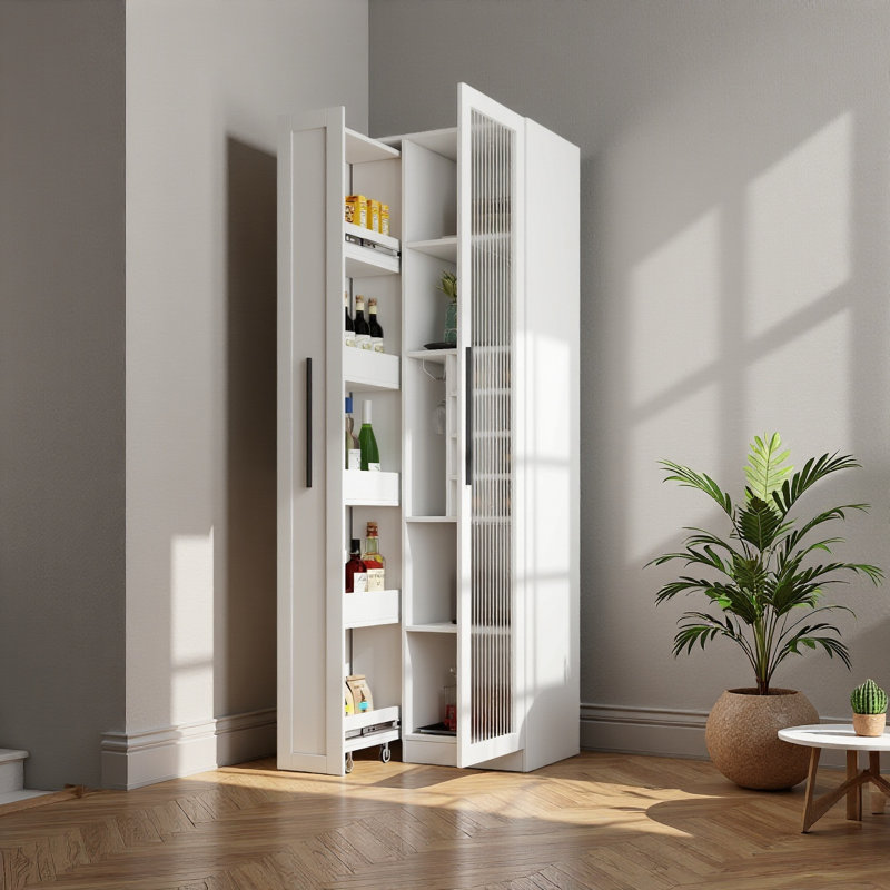 Garde-manger coulissant Farmhouse avec portes en verre - Organisateur de cuisine à plusieurs niveaux avec tablettes de rangement
