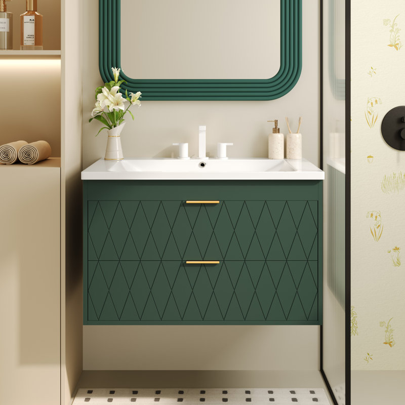 Meuble-lavabo mural avec lavabo en résine / armoire de rangement flottante avec 2 tiroirs / armoire de salle de bain