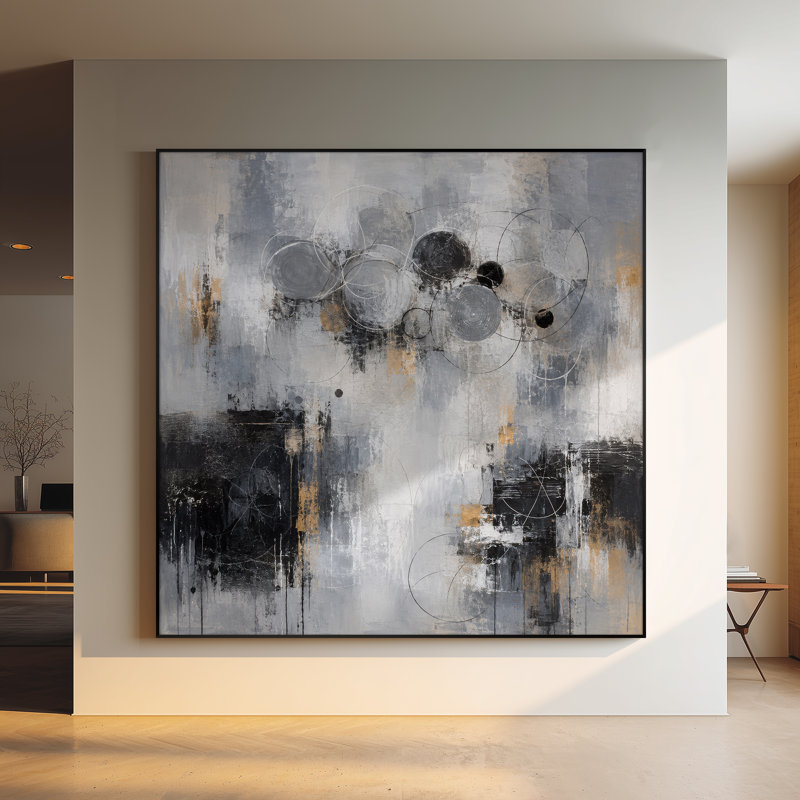 Impression sur tissu grand format - Motif abstrait de cercles et de formes géométriques gris, noir et beige pour salon ou chambre - « Assemblage du cadre requis (cadre non fini) »