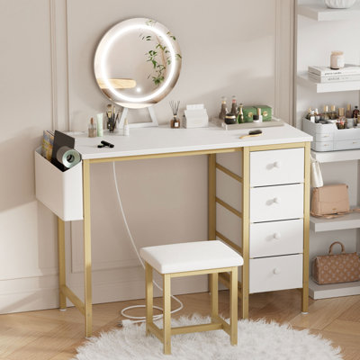 Built-In Outlets Makeup Desk With Mirror And Light- Vanity Set Table With Chair & Drawers