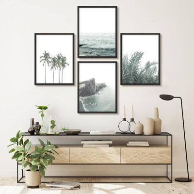 " Coastal Serenity Green And White Tones Modern Artwork Minimalist Wall Art Decor " 4 - Pieces