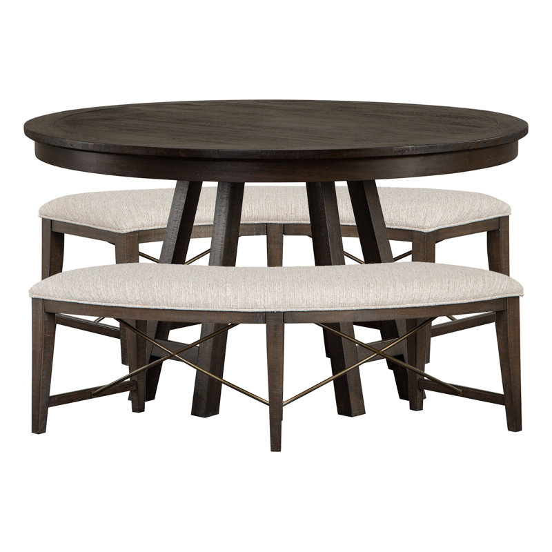 52" Round Dining Table With 2 Curved Bench, Gray, 3 Pieces: Table, 2 Benchs