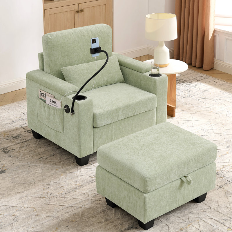 Canapé inclinable simple avec dossier réglable manuellement, port de charge USB sur le côté de l'accoudoir, Cyan
