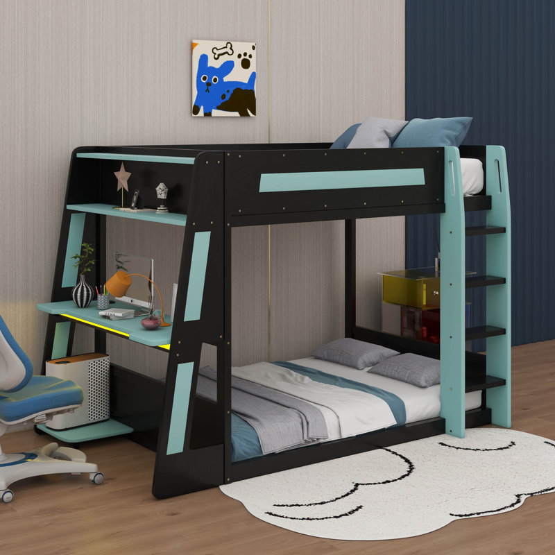 Lit superposé double en bois pleine grandeur avec bureau, USB et lumière DEL, Lit double, Noir / Bleu