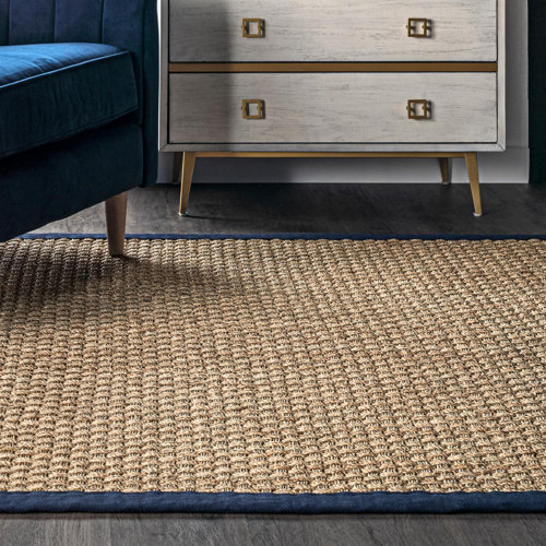 Bay Isle Home Berke Checkered Weave Seagrass Indoor/Outdoor Navy Border ...