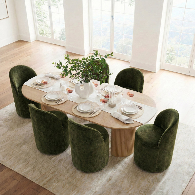  6 - Person Dining Table Sets With Oval Table & 6 Upholstered Chairs, Olive Green, Oak