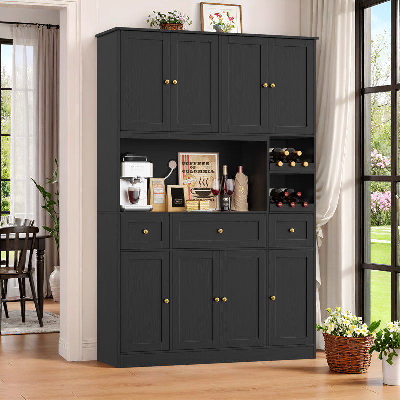 Grand garde-manger 72,1 po, armoire à café avec porte-bouteilles amovibles, Noir