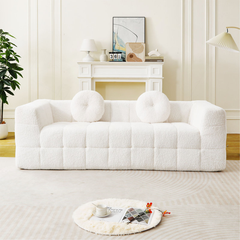 Canapé moderne désossé avec coussins décoratifs circulaires, tissu en polyester à poils longs texturé litchi doux pour la peau, tissu à carreaux