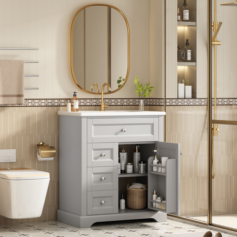 Single Bathroom Vanity with Ceramic Basin, Grey