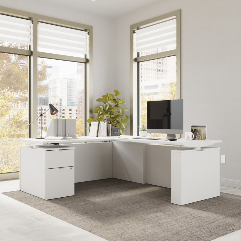 Bush Business Furniture Stratus 72W X 78D Height Adjustable L Shaped Standing Desk With File Cabinet - Reversible, White