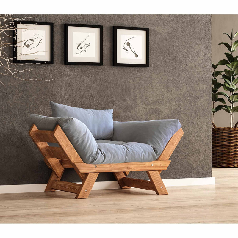 Canapé convertible d'extérieur en bois de pin 1 place avec coussins en lin imperméables, Gris, Teck
