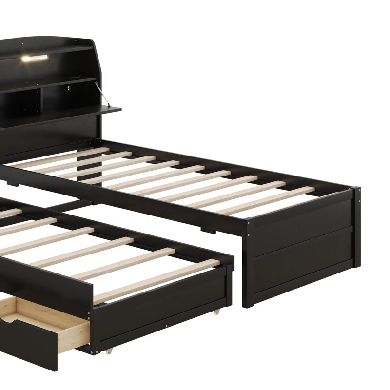 Lit plateforme en bois à DEL avec lit gigogne coulissant, tête de lit avec rangement et plusieurs tiroirs, Simple, Espresso