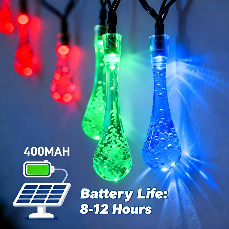  30 LED Water Fairy String Lights Solar Powered 8 Modes Outdoor Lights for 4th of July Decor, Multicolored