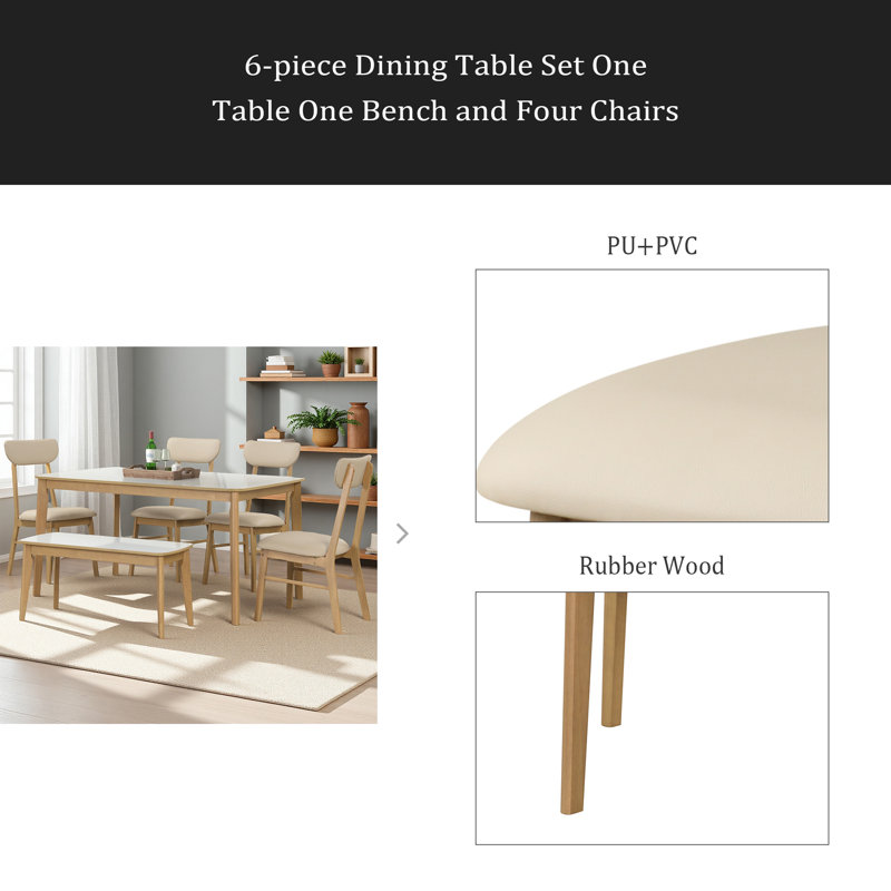 Ensemble de table de salle à manger 6 pièces, une table, un banc et quatre chaises, plateau de table blanc ultrabrillant de couleur chêne clair