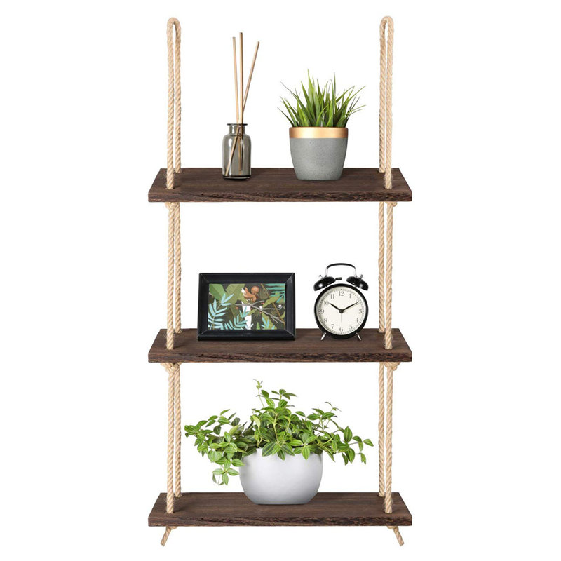 3 Tiers Rustic Wooden Floating Shelf Wall Hanging Rope Shelf Mounted Storage Unit