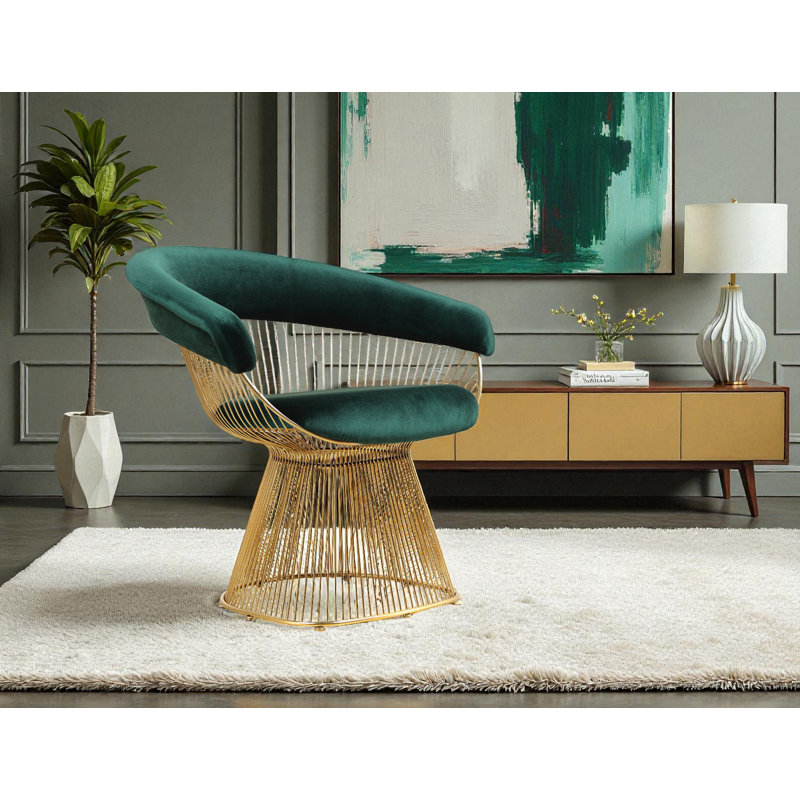 Pangea Home Modern Green Velvet Upholstered Fern Arm/Accent Chair with Gold Metal Wire Base – Contemporary Lounge, Bedroom, or Dining Armchair