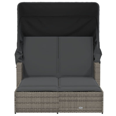 Vidaxl Double Sun Lounger With Canopy And Cushions Poly Rattan