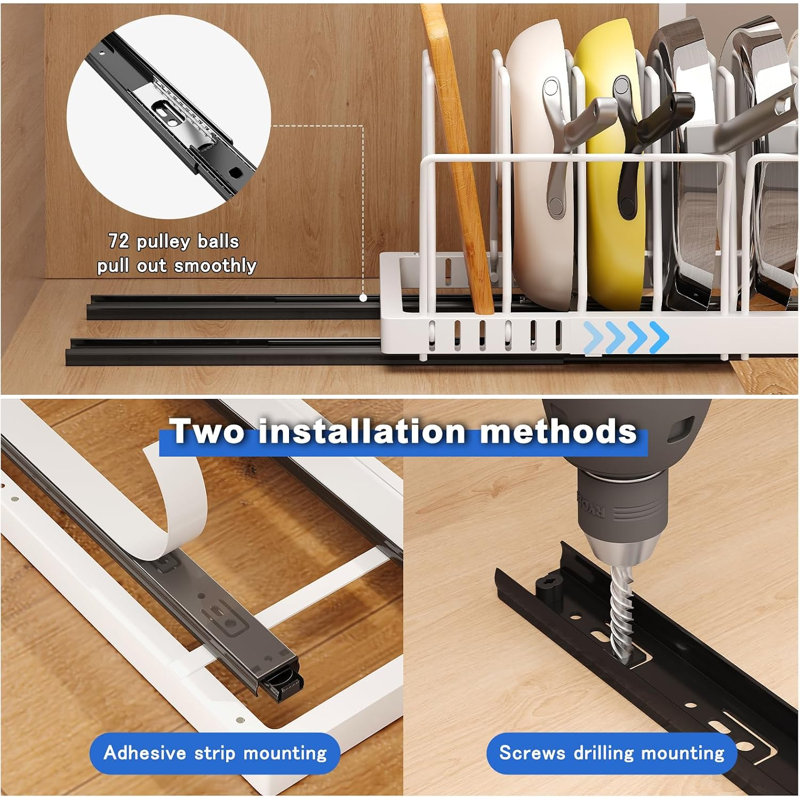 Pots and Pans Organiser sous l'armoire, porte-couvercles avec couvercle à casserole avec garde-corps adhésif et support à casseroles avec 10 séparateurs réglables