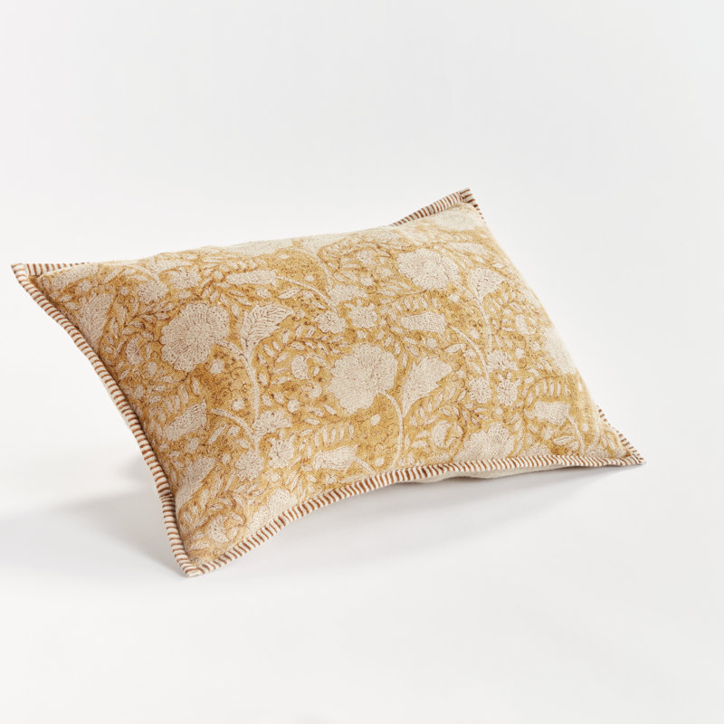 Jules European Flax Fiber Pillow Cover & Insert, Rectangle 14" H x 20" W, Piped Edge, Yellow/Floral