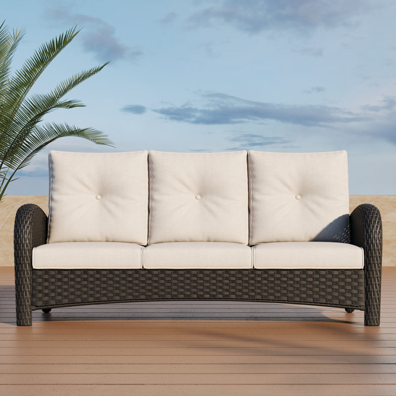 184.9cm Wide Metal Patio Sofa with Cushions, Beige, Black