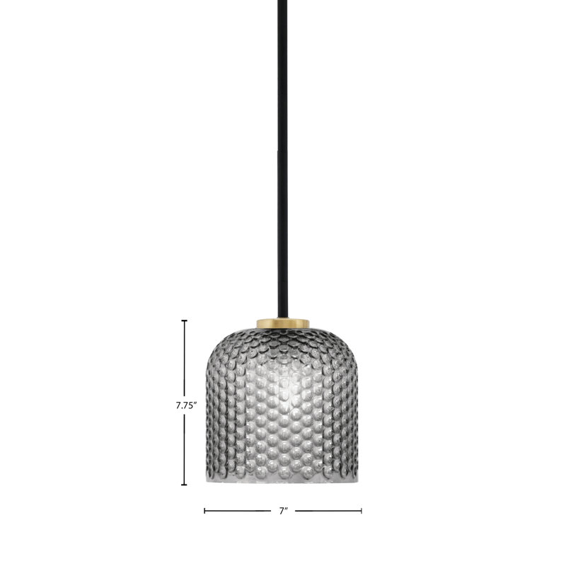 Mini-luminaire suspendu 1 lumière Amarmula, noir mat et laiton vieilli, verre texturé fumé 7 po, Transparent/noir