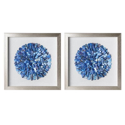 Blue Coastal Seashell Mosaic Framed Wall Art Set, 2 Piece Natural Shell Wall Decor