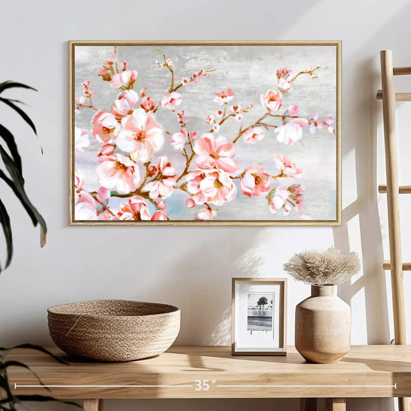 Fleurs de cerisier au printemps, 25 po x 17 po, Cadre flottant en bois naturel