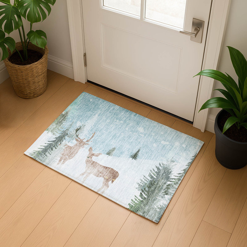 Premium Machine Washable Dockside AMF1821 Stag and Doe Christmas Rug, Rectangle 1'8" x 2'6"
