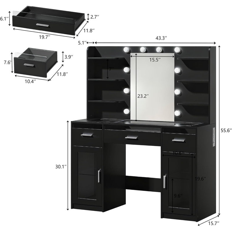 Makeup Vanity Desk With Adjustable Lighting, See-through Desktop, Power Outlet, Black