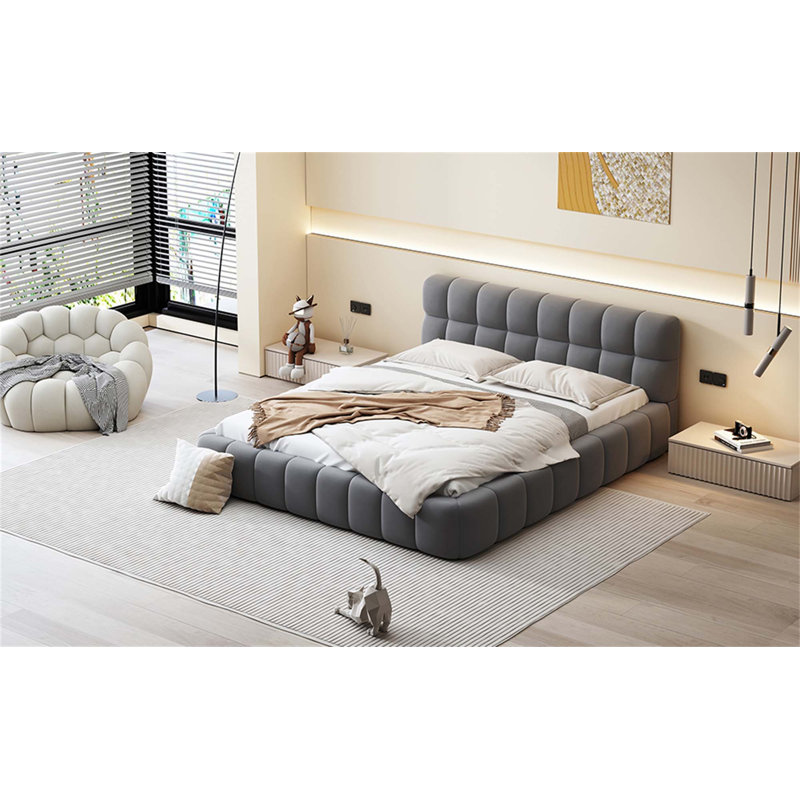 King Size  Upholstered Bed Frame With Thick Fabric, Chenille Fabric Grounded Queen Size Platform Bed With Headboard And Solid Frame. No Box Spring Needed88.5''*85.5''*24'')