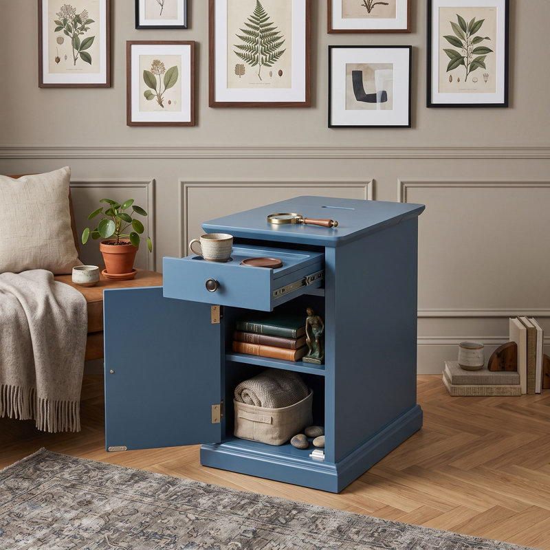 Table de bout avec prise de courant, rangement et porte-gobelets, Antique Navy