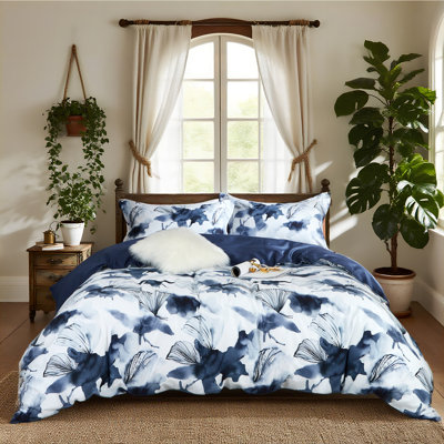 Ensemble de housse de couette à motif de feuilles de ginkgo bleu foncé Lunaria Yaneris - 3 pièces, 100% coton à longues fibres, imprimé aquarelle