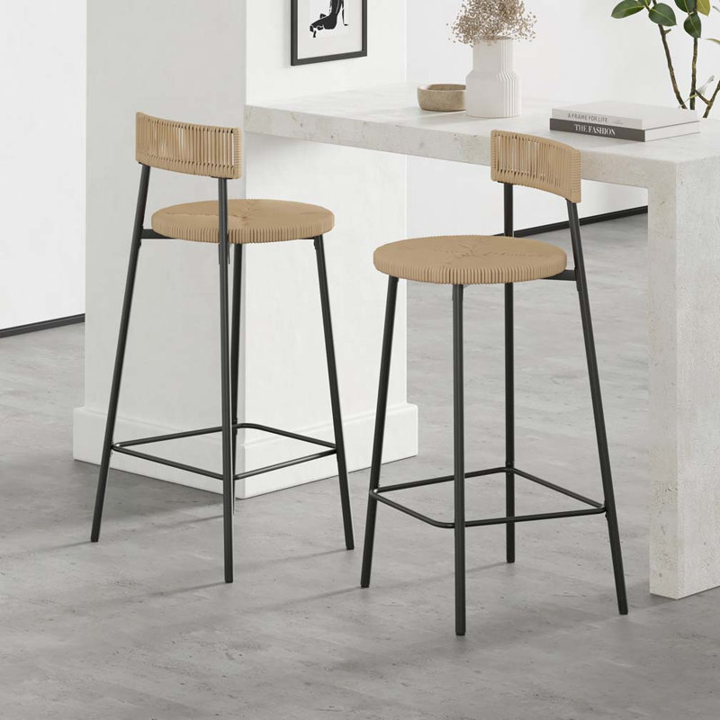 Woven Bar Stools with Back Set of 2, Beige