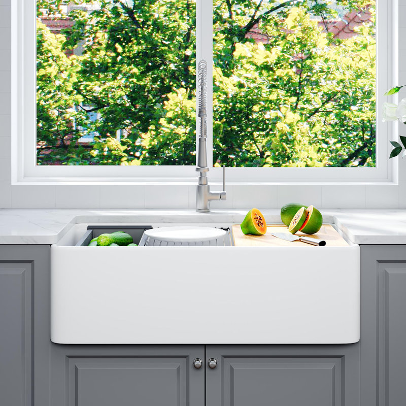 33"L x 20" W Ceramic Single Bowl Farmhouse Kitchen Sink Workstation With Accessories