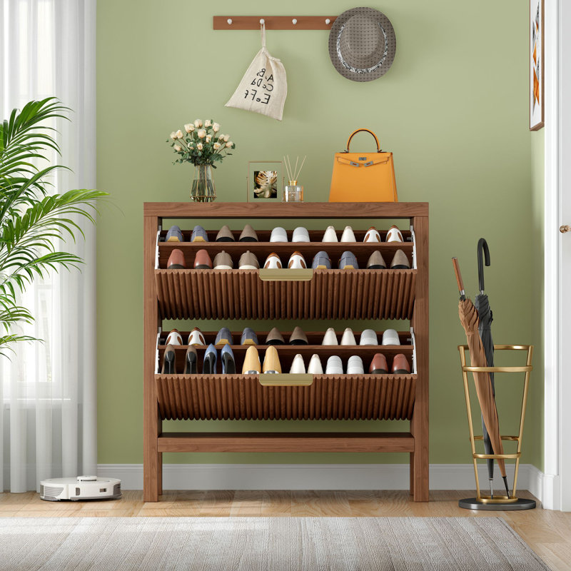 18 Pair Shoe Storage Cabinet, Brown Wood