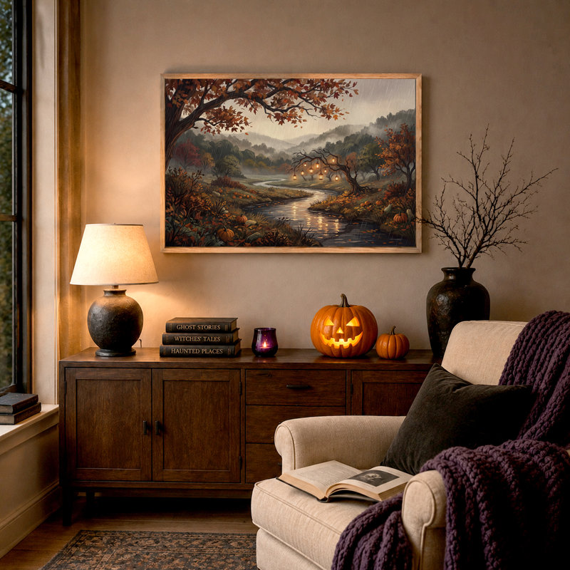 Automne rivière avec citrouilles et lanternes, art mural d'Halloween, H 18 po x l 24 po