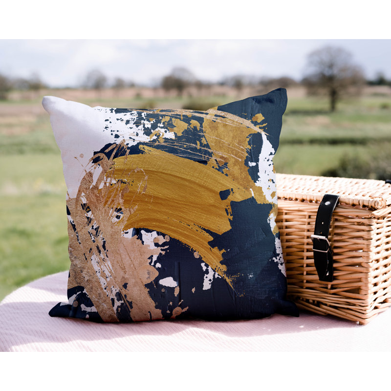 Wintta Abstract Outdoor Reversible Throw Pillow, 17W" x 17H", Mustard/Navy Blue/Gold 