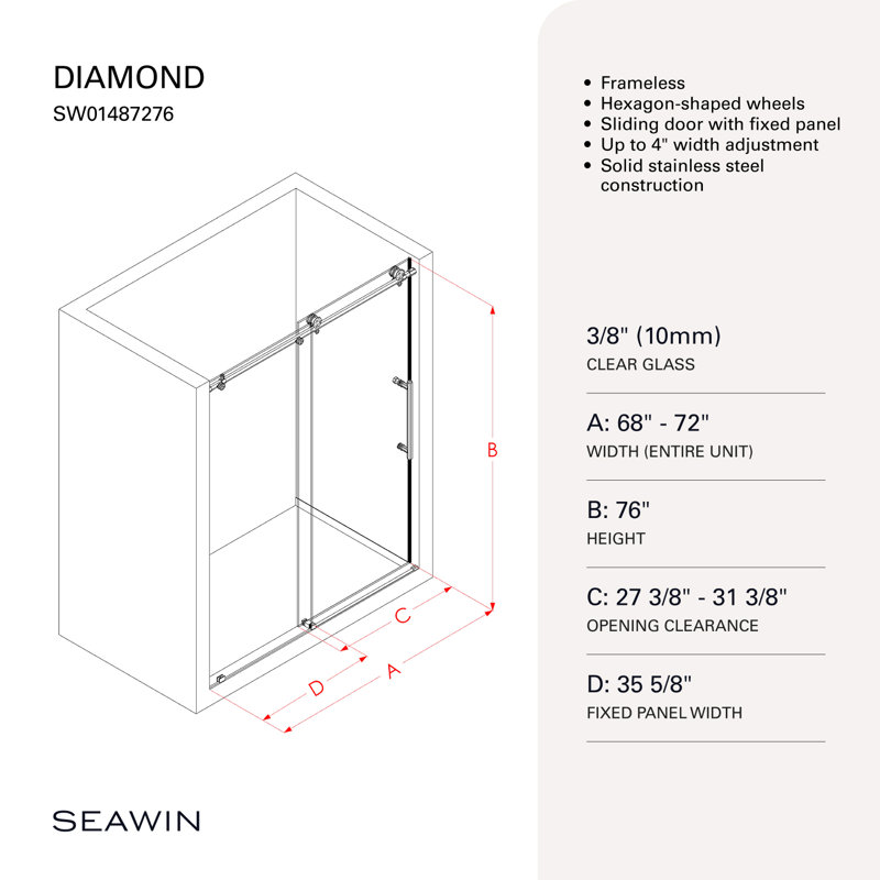 Porte de douche coulissante sans cadre 68 x 72 po Diamond, Acier inoxydable brossé